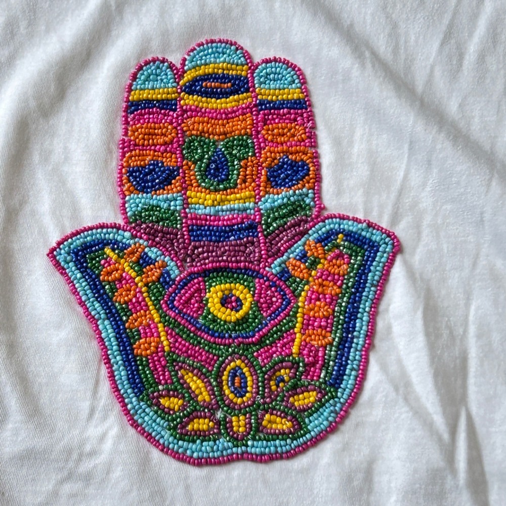 Gold & Silver Paris‎ White V-Neck T-Shirt Beaded Hamsa Hand Boho Festival Top - Picture 2 of 5